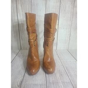 Frye Harlow Multi Strap Boots Women's 6.5 Pull On Tan Leather 4" Heel FLAWS